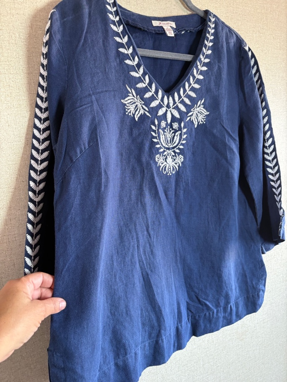 JM Collection Linen Tunic Sz 12 Navy Blue Embroidered Bohemian Peasant Coastal - Picture 14 of 15